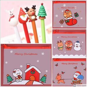 Adorable‎ Christmas Themed Gel Pen 4pc Set w/Christmas Themed Pencil Pouch~~NWOT